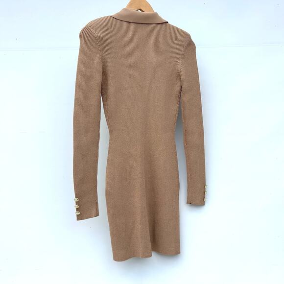 Retrofête Mimi Rib Knit Button Front Collared Mini Dress Nude Small Tan Stretch - Picture 4 of 9